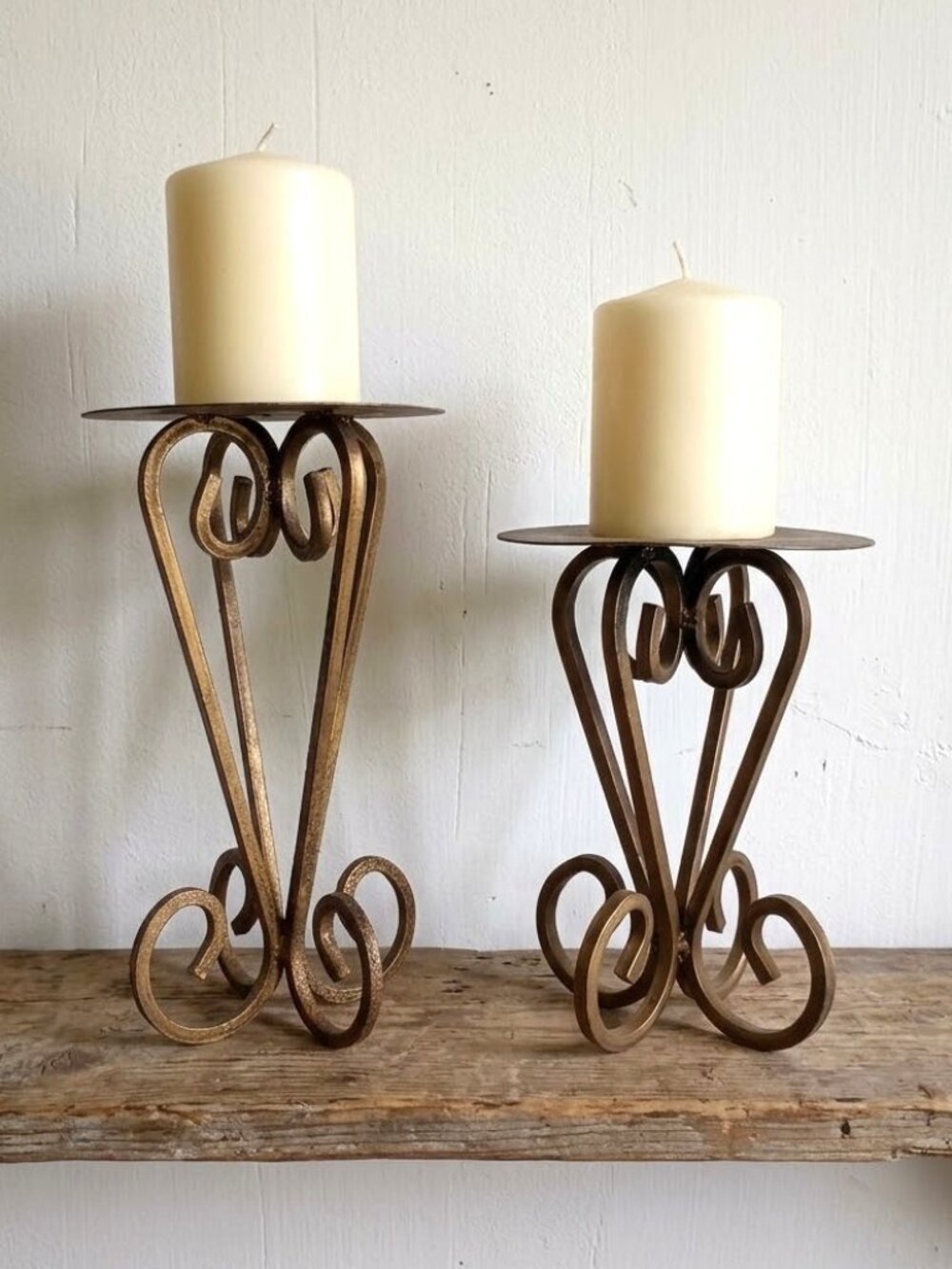 Pair of Scroll Wrought Iron Pillar Candle Holders Antique Gold Bronze 6.25"
